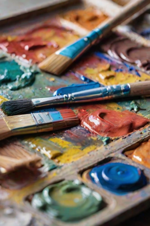 Close-up of a colorful art palette smeared with vibrant oil paints, soft light reflecting off the glossy textures, with brushes and a canvas blurred in the background.