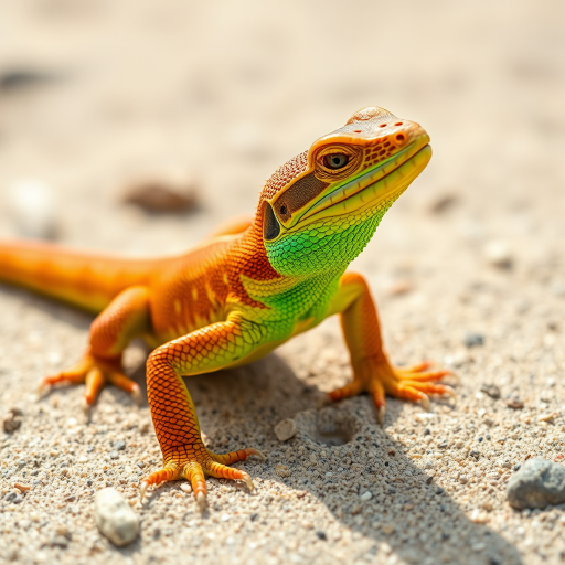 Lizard on a sandy beach, vibrant colors, sharp focus, natural light, Canon EOS 5D Mark IV, 85mm lens, aperture f/4, ISO 200, shutter speed 1/500s, macro view for detail enhancement.