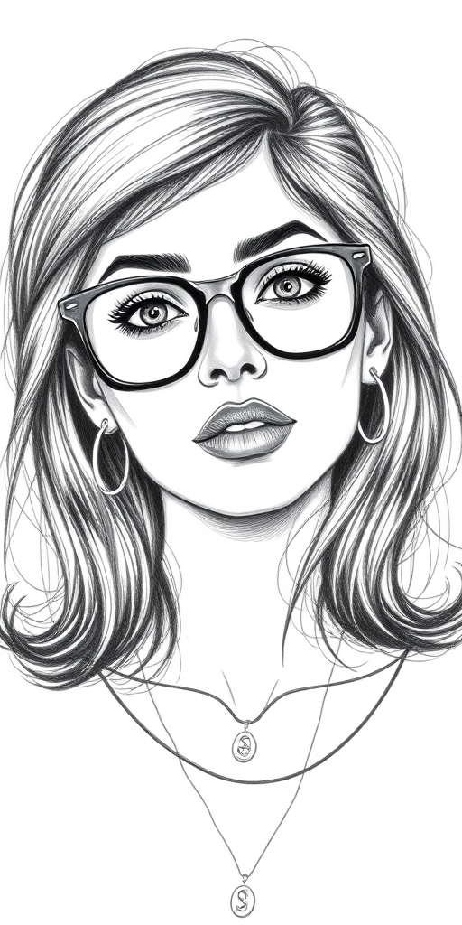 hot mia khalifa, pencil sketch, portrait of beautiful woman 60s in glasses, hair style beatnik, outline, clear lines, fine lines, 8k