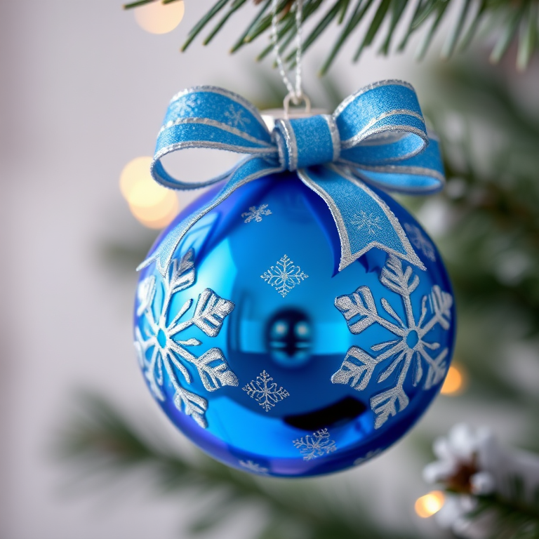 Regenerate a high-resolution image of a blue Christmas ornament with snowflake designs and a bow, using a DSLR camera with a focal length of 50mm, aperture set to f/2.8, ISO 100, shot from a slight angle to enhance depth, with soft lighting to create a vibrant, glossy finish.