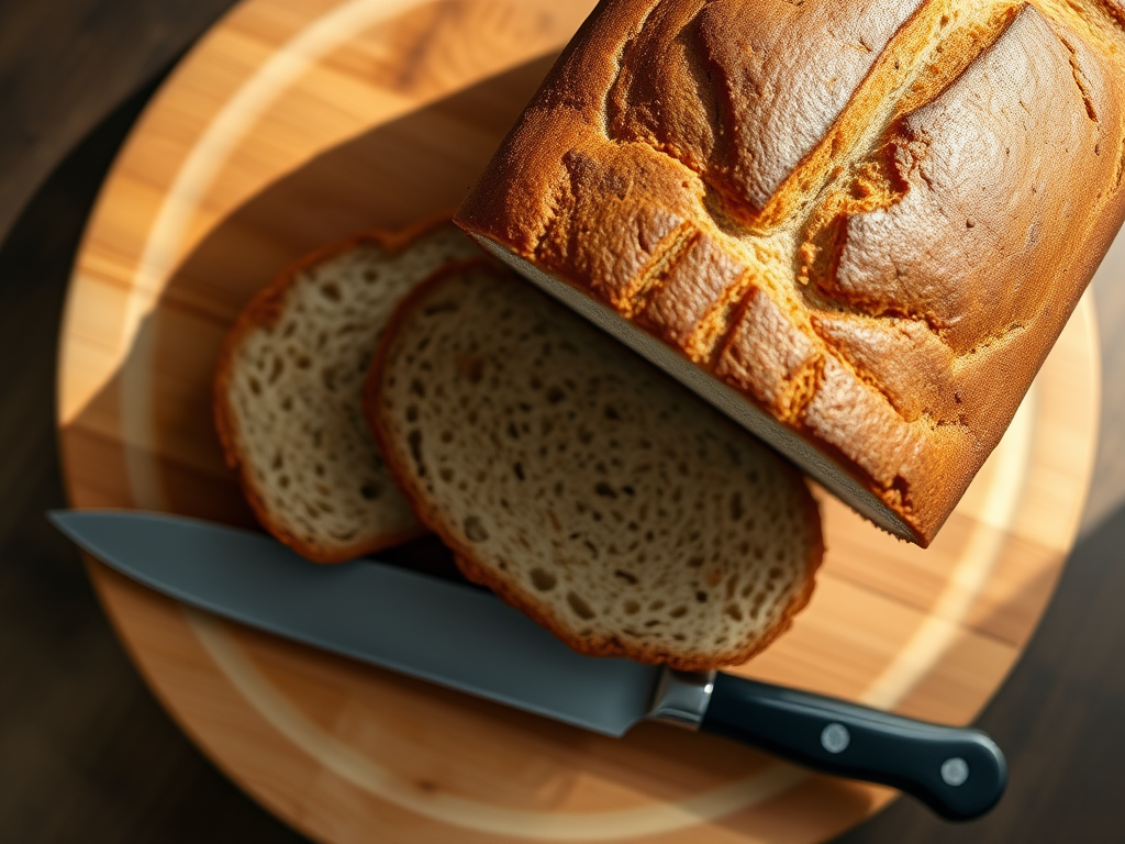 A fresh loaf of bread sliced on a wooden cutting board with a knife beside it, soft natural lighting from the side, camera settings ISO 200, aperture f/4, shutter speed 1/125, shot from a top-down view, using a DSLR camera with a 50mm lens.