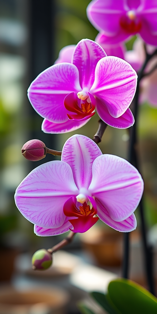 Regenerate an image of vibrant pink and white orchids in full bloom, captured with a Canon EOS R5, 50mm lens, f/1.8 aperture, ISO 100, shot from a low angle to emphasize depth, soft bokeh background, natural lighting to enhance colors and details.