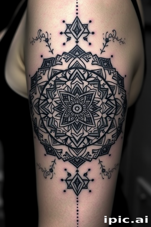 Blackwork sacred geometry tattoo featuring intricate mandala patterns and mystical symbols, gradually fading from solid black to delicate dotwork for a mesmerizing visual effect