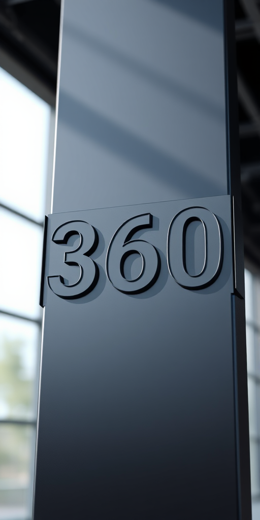 Create a high-resolution 3D render of a sleek, modern black beam with the number "360" embossed on it, using a DSLR camera with a 50mm lens, f/1.8 aperture, ISO 100, 1/125 shutter speed, 45-degree angle view, and soft natural lighting for enhanced detail and shadow contrast.