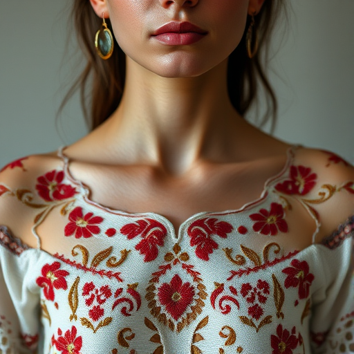 Face, shoulders, chest covered in openwork Ukrainian embroidery. Raw, unedited image.