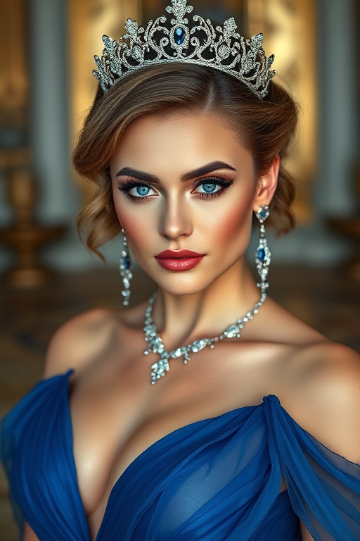 A gorgeous woman in a luxurious blue gown, accessorized with a dazzling tiara and statement earrings, her deep blue eyes highlighted by impeccable makeup, poised in a royal setting, photorealistic, 8K quality