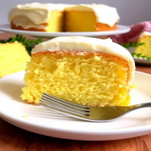 A slice of moist yellow cake with creamy white frosting served on a white plate with a fork beside it the background features a partially visible whole cake on a cake stand and some greenery for decoration