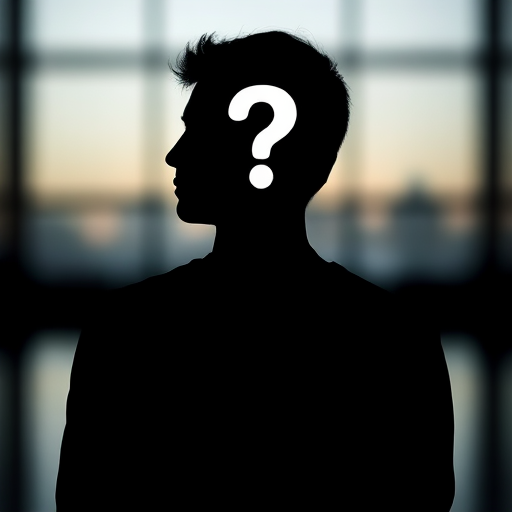 Create a high-resolution silhouette of a person with a question mark in the head area, using a DSLR camera with a 50mm lens, aperture set to f/1.8, ISO 100, and a soft focus background for enhanced clarity and depth.