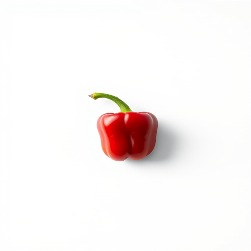 Create a hyper-realistic image of a red bell pepper on a white background, shot with a Canon EOS R5 at f/2.8, 1/200s, ISO 100, using a macro lens to capture intricate details and vibrant colors.