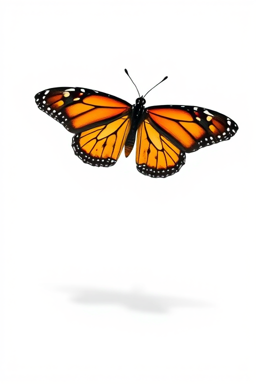 Generate an image of a monarch butterfly with vibrant orange and black wings, displaying intricate patterns, flying against a plain white background. Include a soft shadow beneath the butterfly to add depth.