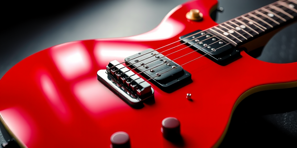 Create an image of a vibrant red electric guitar, angled view, with a glossy finish and detailed strings, using a DSLR camera, aperture f/2.8, ISO 100, shutter speed 1/250 sec, high dynamic range style.