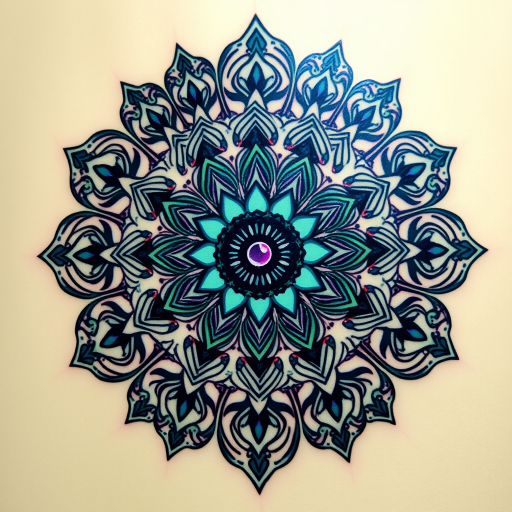 Ornate mandala tattoo bursting with intricate patterns and symmetrical designs, incorporating delicate dotwork shading and vibrant jewel tones of sapphire, emerald, and amethyst for a mesmerizing effect