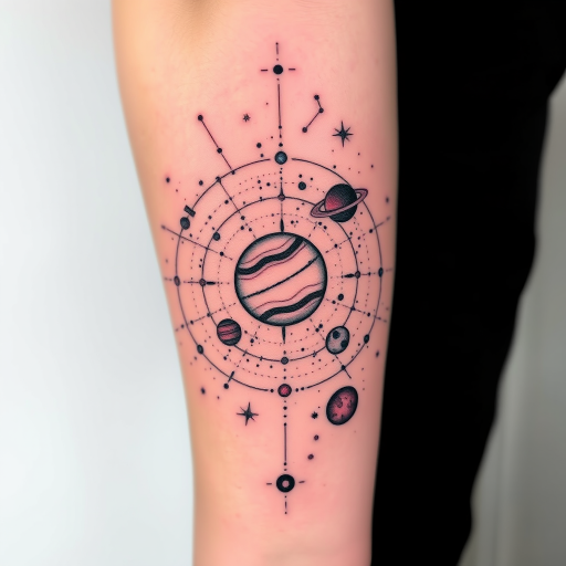 Cosmic dotwork tattoo showcasing a detailed solar system with planets and constellations, gradually fading into the skin to create the illusion of infinite space