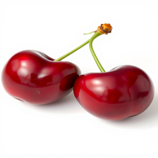 Create a high-resolution vector image of a pair of cherries, using a soft-focus setting with a 50mm lens, aperture f/2.8, ISO 100, under natural soft lighting to enhance the colors and details, in a minimalistic style on a white background.