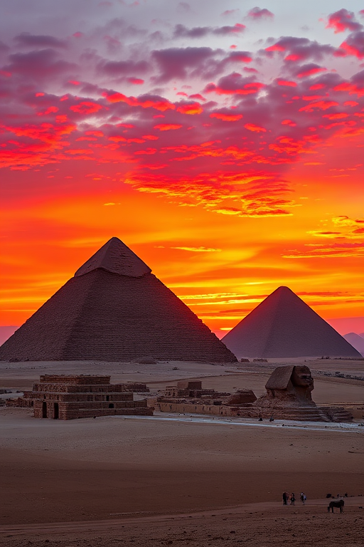 capture a stunning sunset over the pyramids of Giza with vibrant red and orange hues in the sky, use a DSLR camera with a 24mm lens, aperture set to f/8 for sharpness, ISO 100 for minimal noise, and a shutter speed of 1/60 seconds to capture the detail in the pyramids and the dynamic sky