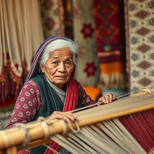 Create an image of an elderly woman weaving in a textile market, with intricate patterns in the background, natural light, 50mm lens, f/2.8 aperture, ISO 200, soft focus on the background, capturing the textures and colors of the fabrics and the woman's expression.
