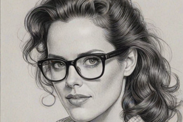 Dazzling Ione Skye, pencil sketch, portrait of Fascinating woman 1947s in glasses, hair style beatnik, outline, clear lines, fine lines, 8k