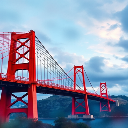 Create a high-resolution watercolor painting of a suspension bridge with vibrant red hues, set against a dramatic sky with soft clouds, using a Canon EOS R5, 50mm lens, f/2.8 aperture, ISO 100, and a shutter speed of 1/200 sec for enhanced clarity and depth.