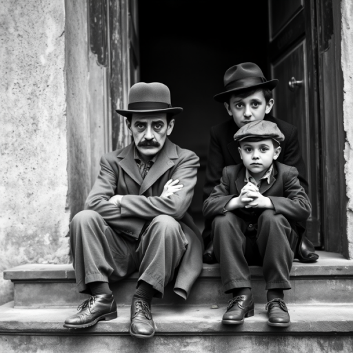 A black-and-white photograph of a man and a child sitting on steps in front of a doorway. The man is dressed as a tramp with a bowler hat, mustache, and ragged clothes, reminiscent of Charlie Chaplin's iconic look. He is sitting with his arms crossed and an expression of slight sadness or frustration. Next to him is a young boy, also in worn clothes and a cap, sitting with his hands clasped, looking thoughtful. The background is an old, textured wall and a partially open door, creating a vintage, early 20th-century atmosphere.