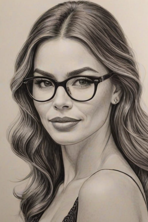 Elegant Sofia Vergara, pencil sketch, portrait of Beauteous woman 1925s in glasses, hair style beatnik, outline, clear lines, fine lines, 8k