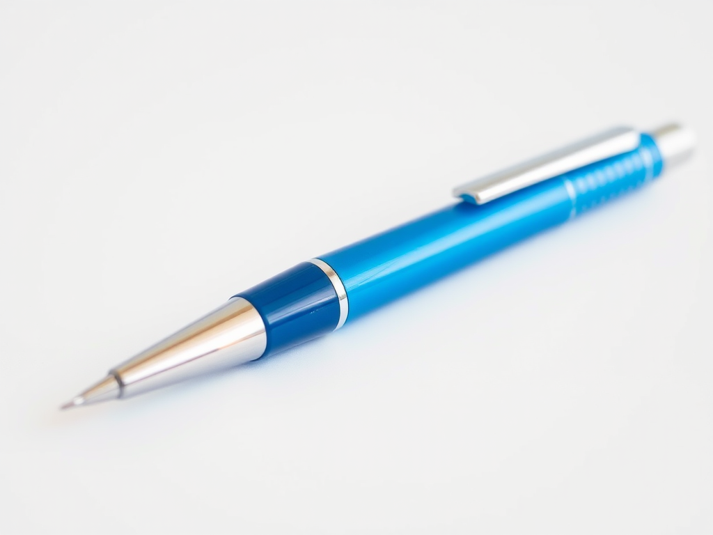 generate a high-resolution image of a blue pen with a silver clip and dotted grip, using a 50mm lens, aperture f/2.8, ISO 100, in a macro view on a plain white background, with natural soft lighting to enhance the details
