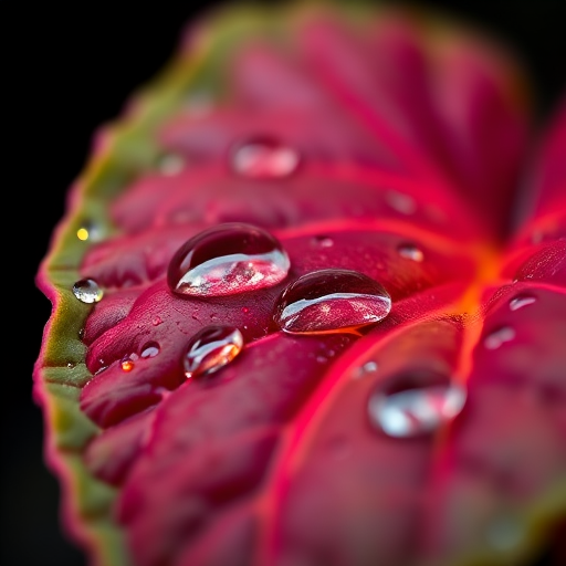 macro close-up of a vibrant begonia leaf with dew drops against a dark background, f/2.8 aperture, 1/200 sec shutter speed, ISO 100, shot with a DSLR camera from a low angle to enhance details and depth of field.