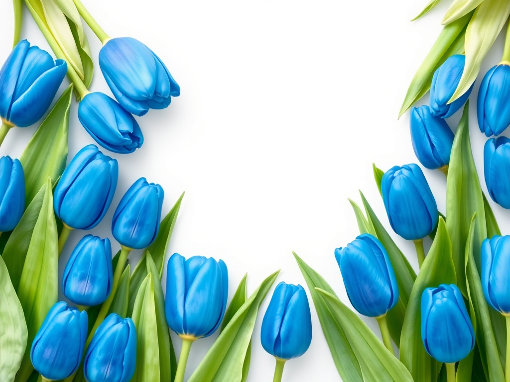 Create a vibrant illustration of blue tulips arranged in a diagonal line with soft green leaves, high resolution, 50mm lens, f/2.8 aperture, natural light, captured with a DSLR camera.