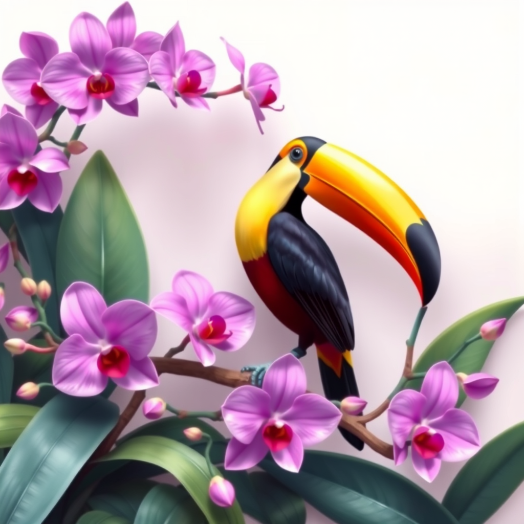Create a vibrant illustration of a toucan perched on a branch surrounded by purple orchids and tropical leaves, using a DSLR camera with a 50mm lens, f/2.8 aperture, ISO 100, and a shallow depth of field to enhance image quality, in a flat lay style with soft pastel background.