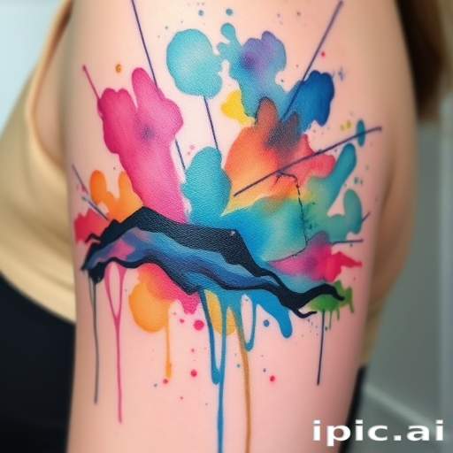 Abstract watercolor tattoo showcasing splashes and drips of vibrant pigments, creating a dreamlike landscape with subtle hints of recognizable forms emerging from the colorful chaos