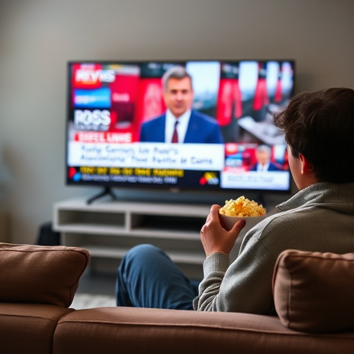 a person sitting on a couch eating popcorn while watching breaking news on a large television, soft natural lighting, shallow depth of field, ISO 200, f/2.8, 50mm lens, DSLR camera, front view, high resolution