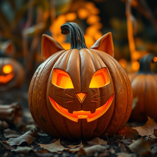 Create an ultra-detailed image of a carved pumpkin with a cat face, glowing orange eyes, and an eerie smile, set in a dimly lit autumn garden with fallen leaves, captured with a Canon EOS R5, 50mm f/1.2 lens, 1/60 sec exposure, ISO 200, soft bokeh background.