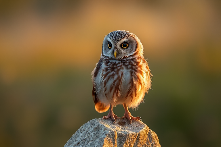 photograph of a young owl perched on a stone with a soft blurred background, taken with a Canon EOS R5, 85mm lens, aperture f/1.8, shutter speed 1/200s, ISO 400, natural lighting in the golden hour for enhanced detail and color richness