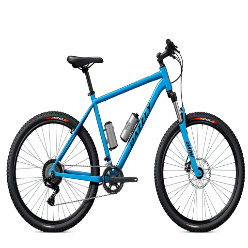 Create a high-resolution illustration of a blue mountain bike with detailed components, using a DSLR camera, 50mm lens, aperture f/1.8, ISO 100, natural lighting, side view for clarity and emphasis on geometric shapes and design features.