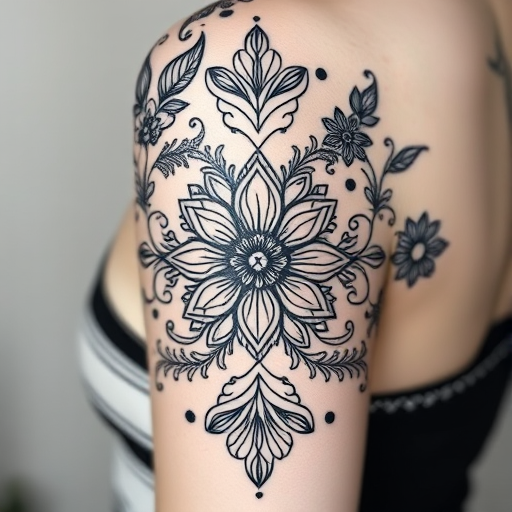 Ornamental blackwork tattoo titled "Lace Elegance" showcasing intricate floral and geometric patterns inspired by delicate lace designs with varying line weights and negative space