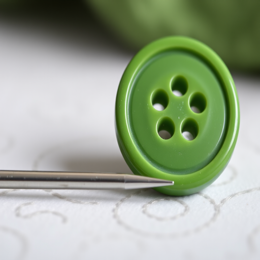 Create a high-resolution image of a large green sewing button with four holes next to a slender silver sewing needle, shot with a 50mm lens, f/2.8 aperture, ISO 100, natural light, and a shallow depth of field.