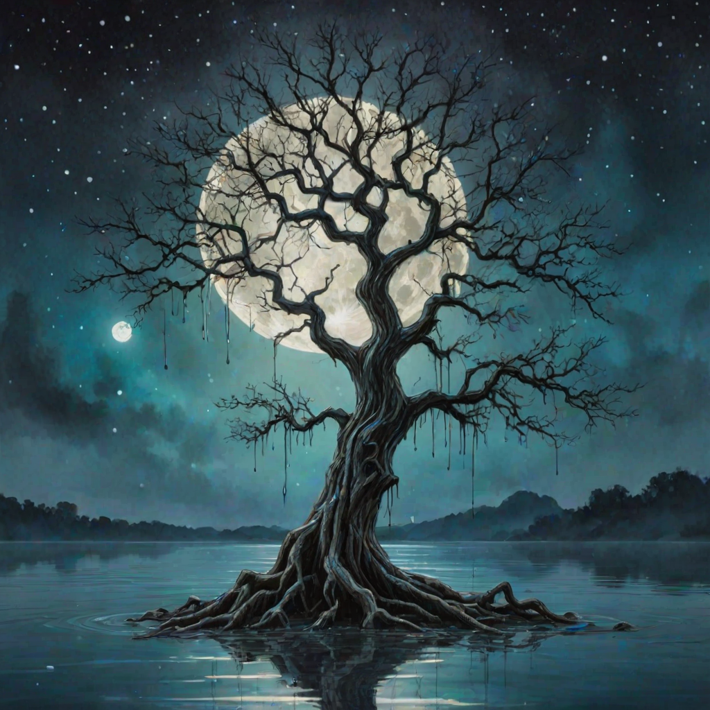 painting of a tree with a full moon in the background and water dripping from its branches, fantasy art, alcohol ink, 3D, 4K, HDRi