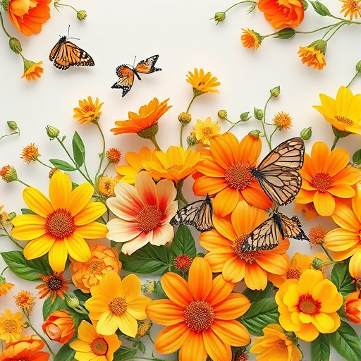 Create a vibrant floral pattern with colorful flowers in shades of orange, green, and yellow transitioning to soft gray, featuring delicate butterflies, in high resolution; use a Canon EOS R5 camera, 50mm lens, f/2.8 aperture, ISO 100, natural lighting.