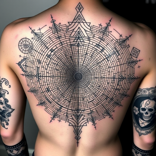 Intricate blackwork tattoo named "Shadow Labyrinth" showcasing an elaborate maze-like pattern of fine lines and geometric shapes, incorporating elements of sacred geometry and optical illusions to create a visually stunning and hypnotic design that appears to shift and change as the viewer's perspective alters, ideal for individuals who appreciate complex and thought-provoking body art.