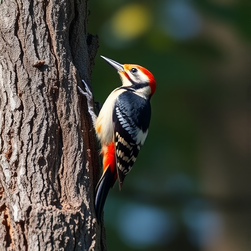 Capture a high-resolution image of a woodpecker on a tree trunk using a DSLR camera with a 300mm lens, aperture set to f/4, ISO 200, shutter speed 1/500 sec, at a slight angle from below for a dynamic perspective, in natural lighting to enhance colors and details.