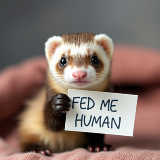 Ferret holding a note which says "FEED ME HUMAN"