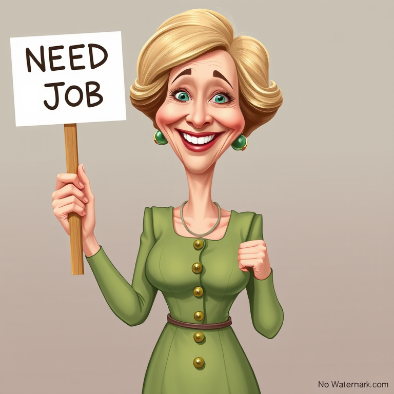 caricature of a smiling Maggie Smith in a Asparagus dress or suit, holding up a sign that says "NEED A JOB", no watermark,