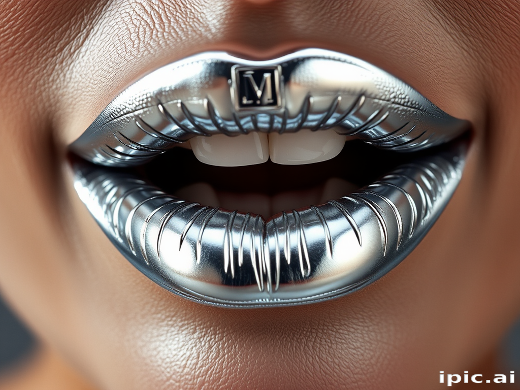Edgy metallic silver lips reflect light dramatically, creating a futuristic and avant-garde look that pushes the boundaries of traditional beauty