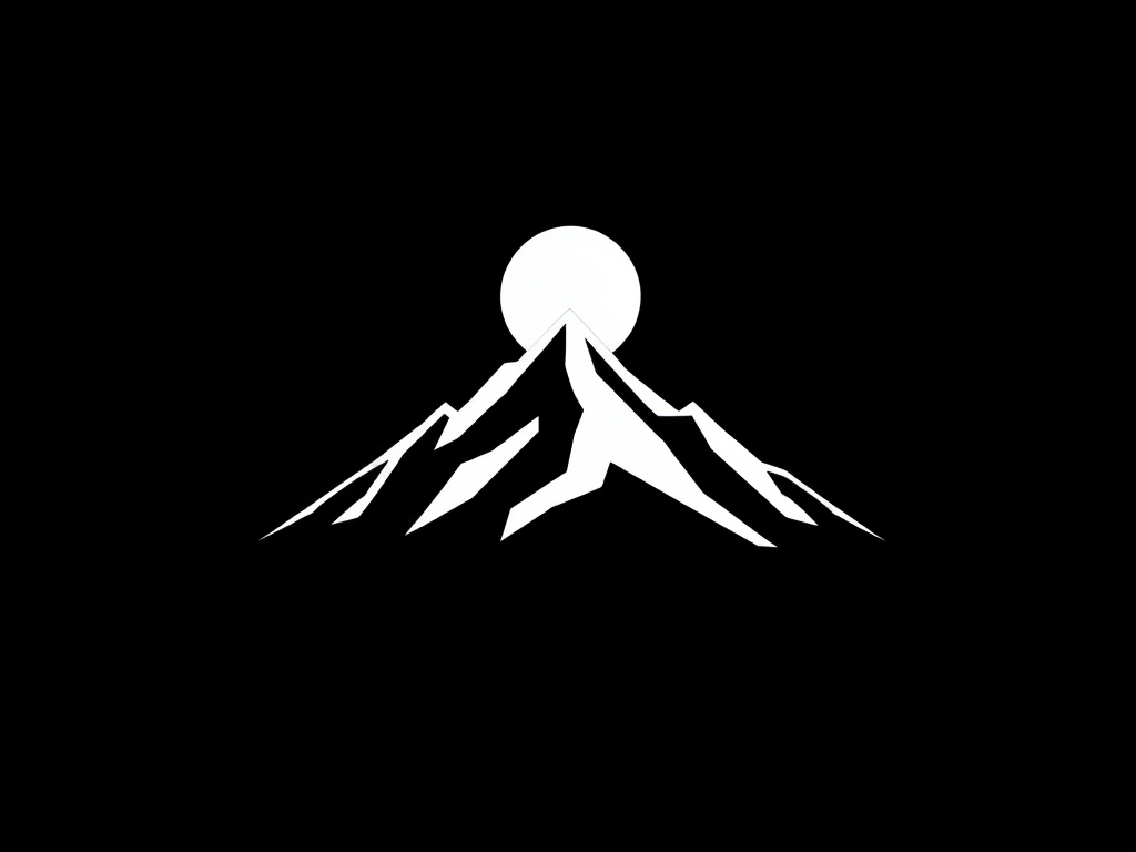 create a minimalistic logo design featuring a stylized mountain range with a sun rising above, using a monochromatic color scheme with gradients, shot with a Canon EOS R5 at f/8, ISO 100, 1/250s, aerial view, with a clean and modern photographic style.