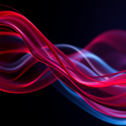 Create an abstract image of dynamic flowing waves in red and blue, with soft gradients and a dark background, captured with a DSLR camera at f/8 aperture, ISO 100, 50mm focal length, using a macro lens to enhance the details and create a smooth bokeh effect.