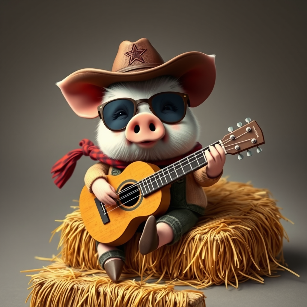 A chibi pig, dressed as a cowboy, playing guitar, sitting on a hay bale