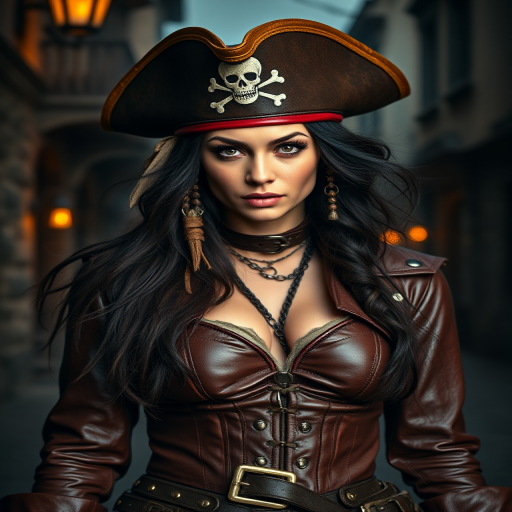 Create a portrait of a fierce female pirate. She wears a leather tricorn hat adorned with a skull and crossbones emblem, and her long, dark hair flows around her face. Her outfit consists of a richly detailed leather jacket, a corset, and multiple layers of belts and accessories, giving her a formidable and stylish appearance. She stands confidently in a dimly lit, historic port town, with a backdrop of weathered buildings and cobblestone streets, capturing the adventurous spirit of a pirate.