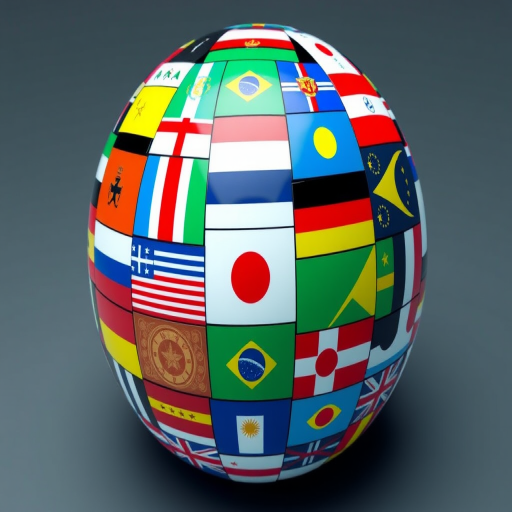Create a high-resolution 3D rendering of a glossy sphere covered in diverse national flags arranged in a mosaic pattern, captured with a Canon EOS 5D Mark IV at f/8, ISO 100, 1/200s, using a wide-angle lens at 24mm with soft diffused lighting for enhanced color vibrancy and depth.