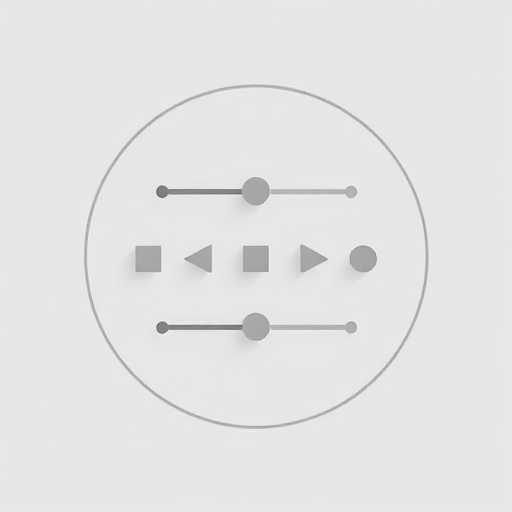 Create a minimalist icon of three horizontal sliders arranged vertically inside a circular outline on a light gray background, shot with a DSLR camera at f/5.6, ISO 100, 50mm lens, in a top-down view with soft lighting to enhance details and contrast.