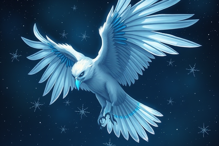 Create a highly detailed and vibrant illustration of a mythical raven with white feathers and glowing blue accents, capturing a dynamic pose as it spreads its wings amidst a starry night sky, using a Canon EOS R5, 50mm lens, f/1.8 aperture, ISO 100, and a slight vignette effect for depth.