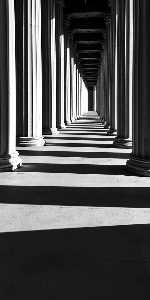 black and white photograph of a row of columns casting long shadows on a concrete floor, shot with a Canon EOS 5D Mark IV, 50mm lens, aperture f/8, ISO 100, focus mode manual, natural light, wide-angle perspective, sharp detail.